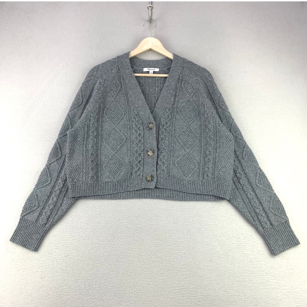 Madewell Cableknit Cardigan Sweater Women M Gray Cropped V-Neck Wool Metallic - Picture 1 of 11